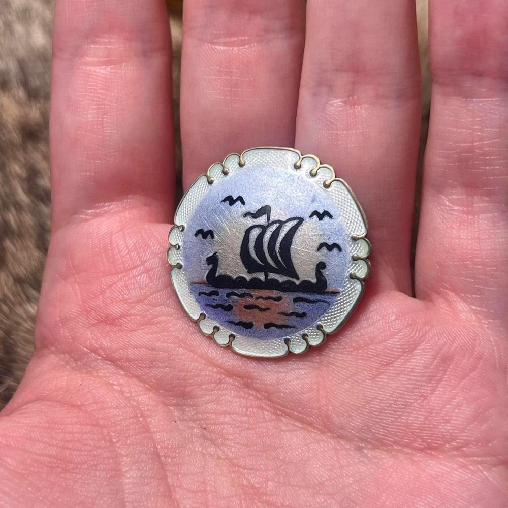 Vintage sterling silver Scandinavian Norsk boat enamel brooch